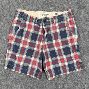 Abercrombie & Fitch Shorts Size 30 Blue Red Plaid Flat Front Casual Pocket Men's